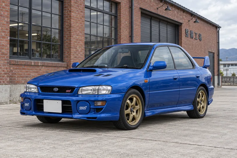 Синяя четырёхдверная Subaru Impreza WRX STI первого поколения