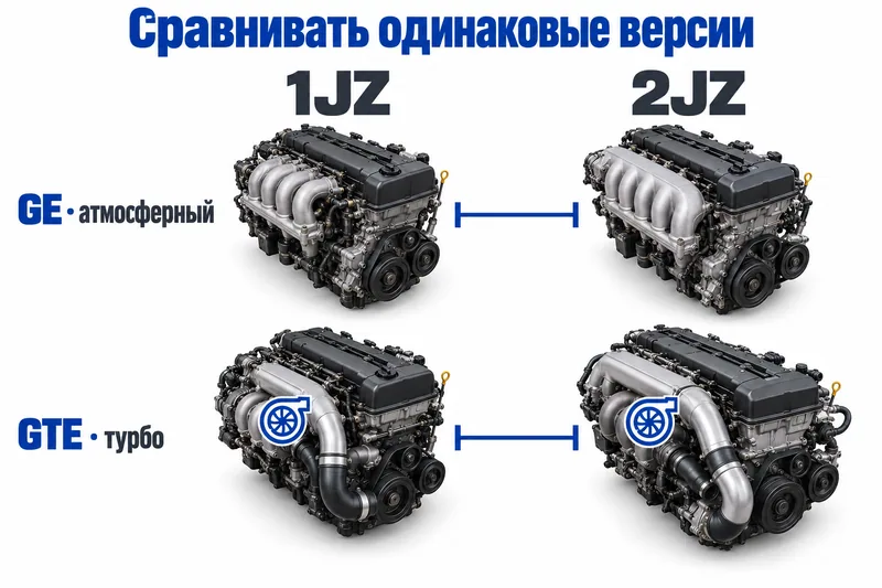 Матрица сравнения атмосферных GE и турбированных GTE в семействах 1JZ и 2JZ.