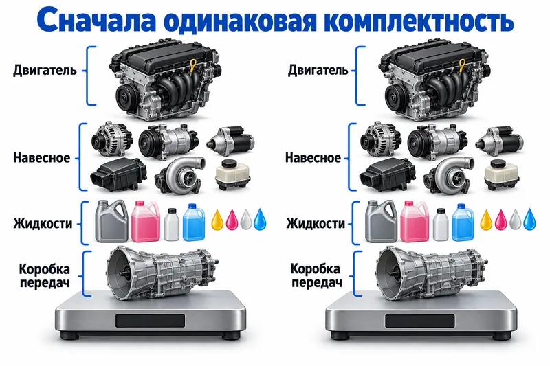 Два сопоставимых комплекта двигателя на весах без численного результата.