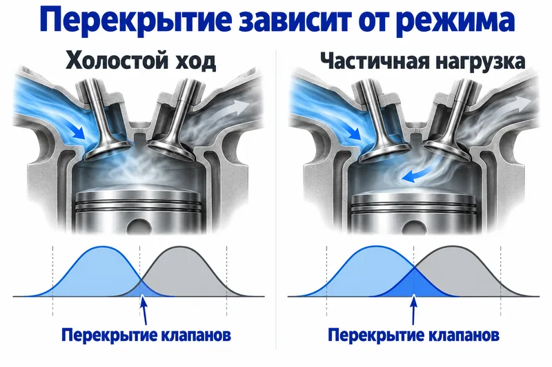 Меньшее перекрытие на холостом ходу и большее при частичной нагрузке.