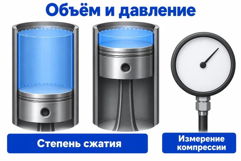 Геометрическое отношение объёмов цилиндра и отдельный прибор для измерения давления.
