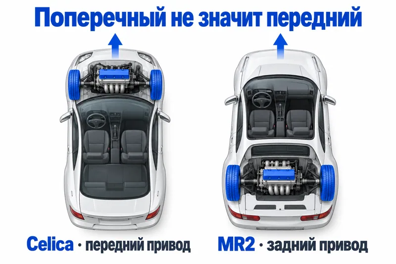 Поперечные двигатели Celica и MR2 с разным расположением и ведущими осями.