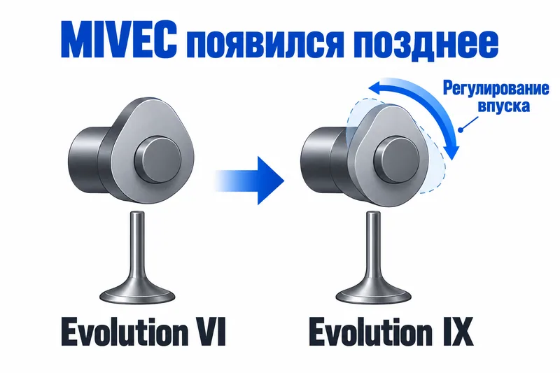 Регулирование фаз впуска MIVEC выделено на этапе Evolution IX.