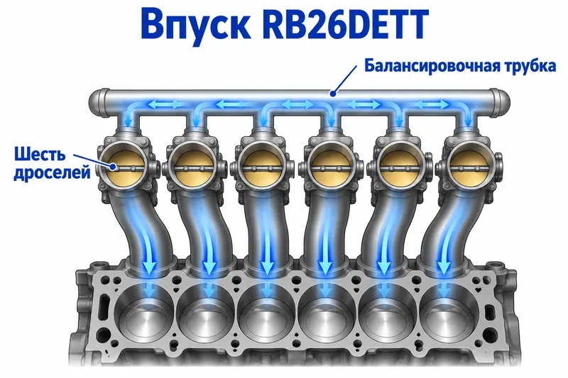 Шесть отдельных дросселей RB26DETT и условная связь их воздушных каналов.