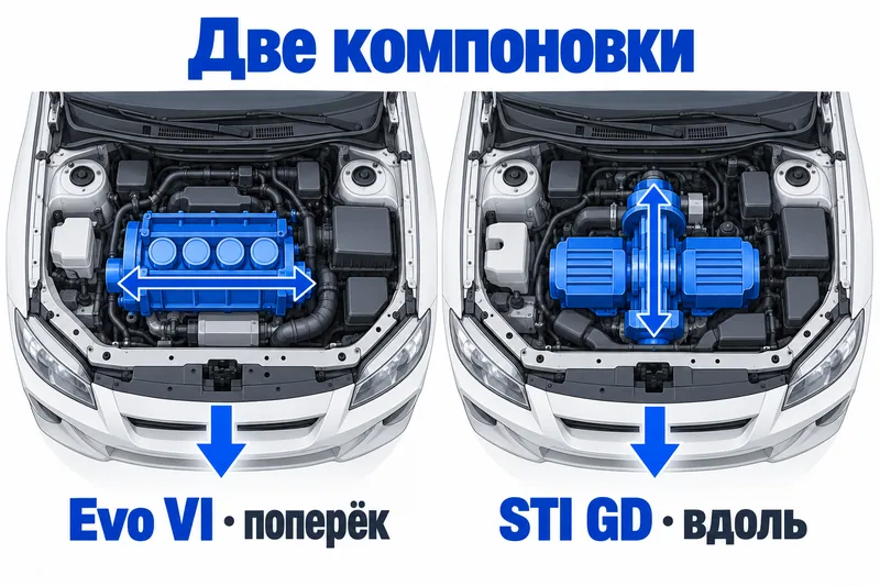 Поперечная рядная четвёрка Evolution VI и продольный оппозитный двигатель STI GD.