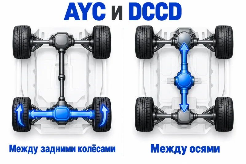 AYC работает с распределением сил между колёсами, DCCD — с центральным дифференциалом.