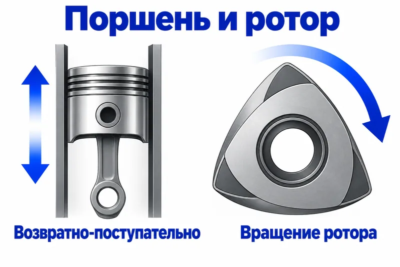 Поршень движется возвратно-поступательно, ротор меняет положение вращательным движением.