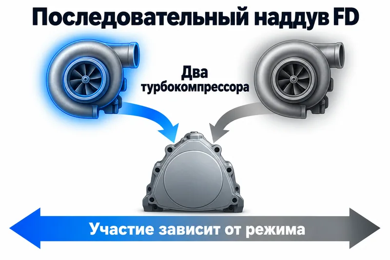 Пара турбокомпрессоров FD с условно показанным разным участием в работе.