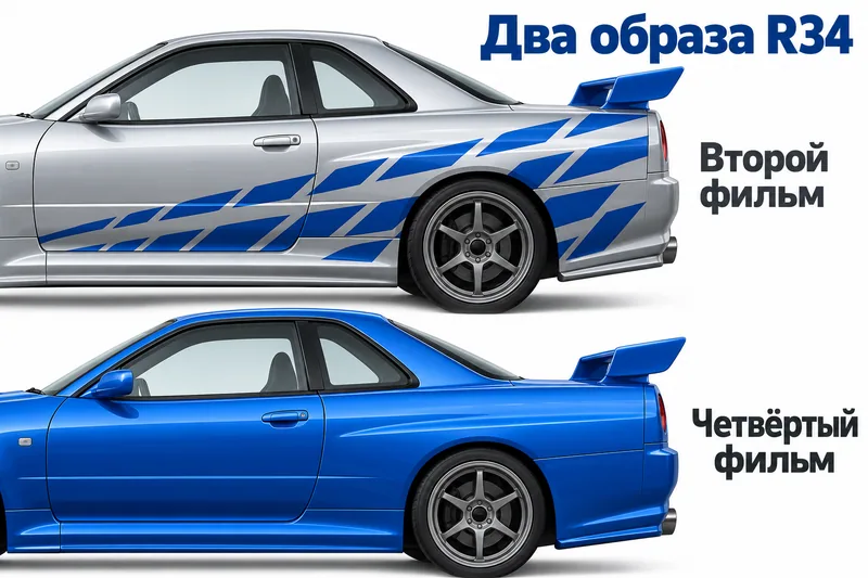 Серебристый R34 с боковой графикой и однотонный синий образ четвёртого фильма.