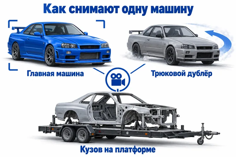 Главный R34, трюковой дублёр и кузов на съёмочной платформе выполняют разные задачи.