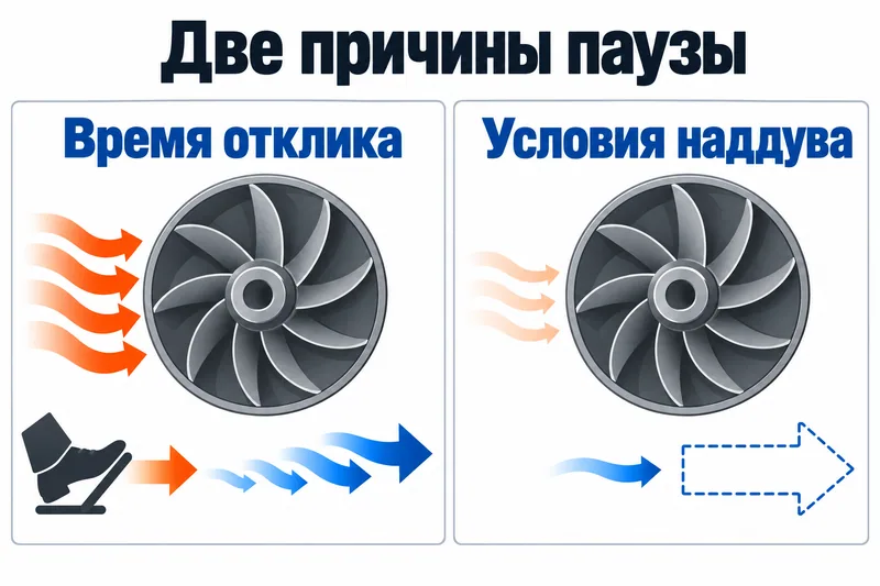 Турболаг показан как переход во времени, порог наддува — как ограничение исходного режима.