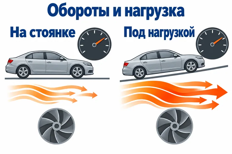 При одинаковых оборотах энергия выхлопа различается на стоянке и под нагрузкой.