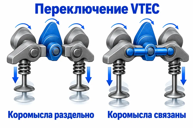 В спортивной VTEC B16A соединительные штифты связывают три коромысла для пары клапанов.