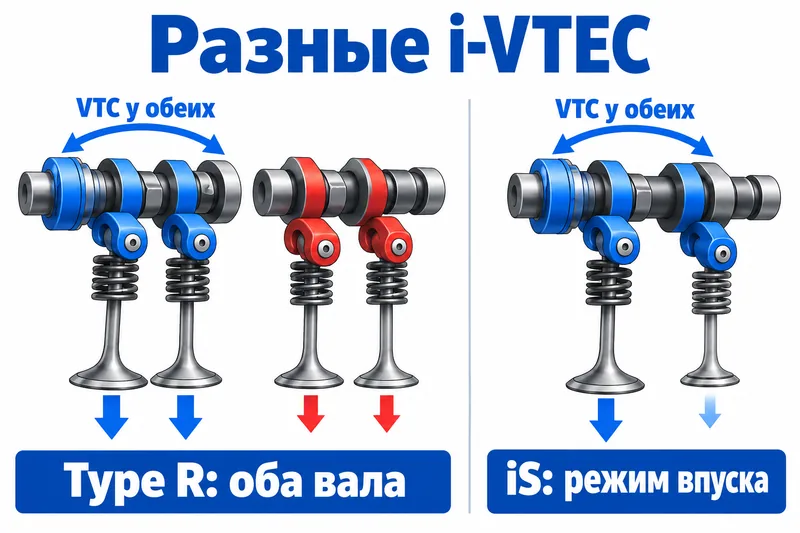 Type R переключает впуск и выпуск; у iS есть режим почти закрытого впускного клапана.