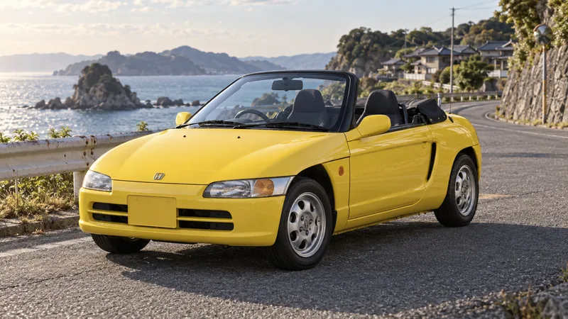 Жёлтый Honda Beat PP1 с опущенной крышей на побережье Японии