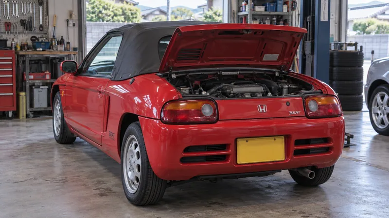 Красный Honda Beat с открытой сервисной крышкой двигателя