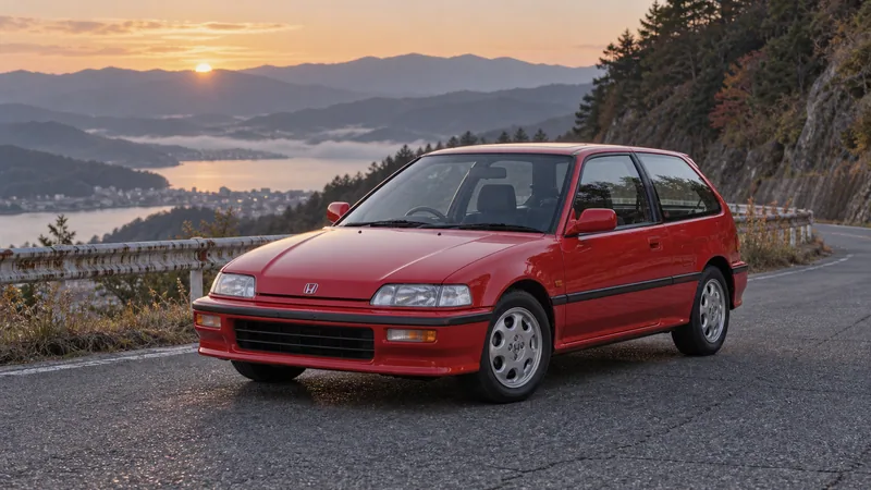 Красный Honda Civic SiR EF9 на горной дороге в Японии