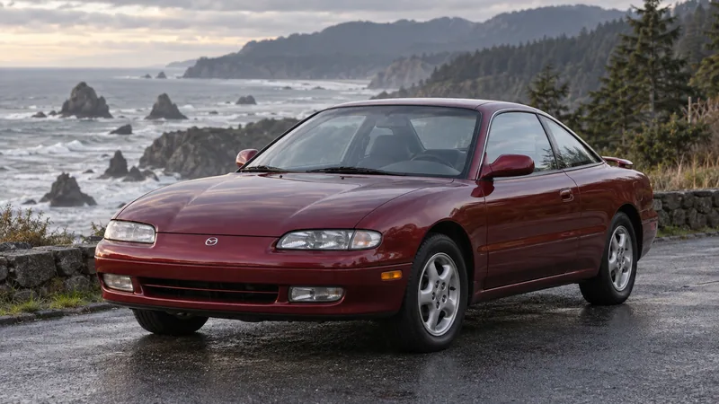 Бордовый Mazda MX-6 второго поколения на тихоокеанской дороге