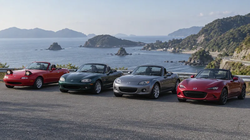Четыре поколения Mazda MX-5 NA, NB, NC и ND с открытой крышей