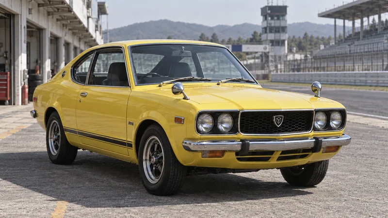 Жёлтый Mazda Savanna RX-3 coupe 1972 года на гоночном паддоке