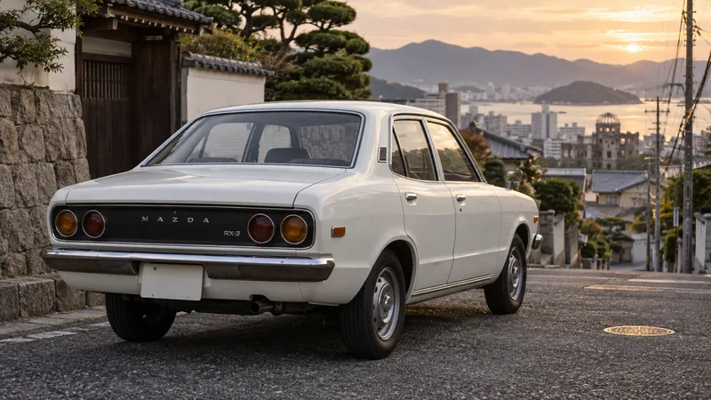 Белый четырёхдверный Mazda RX-3 сзади