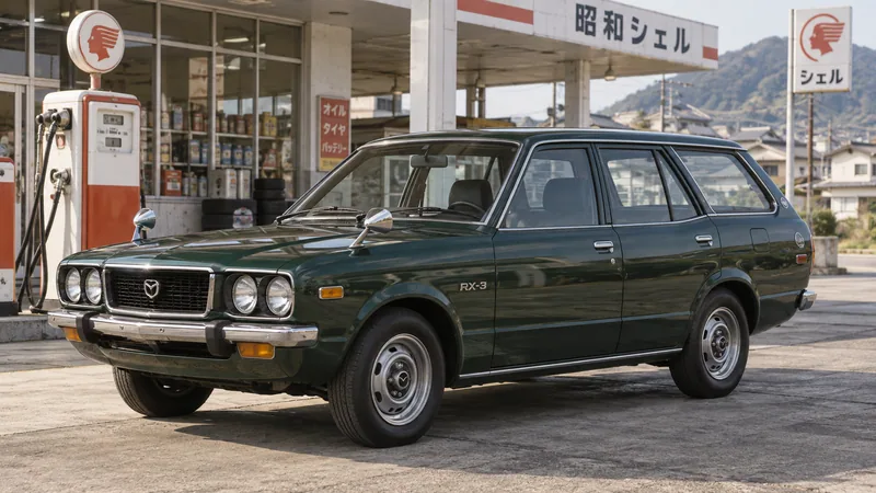 Тёмно-зелёный Mazda RX-3 wagon у старой заправки