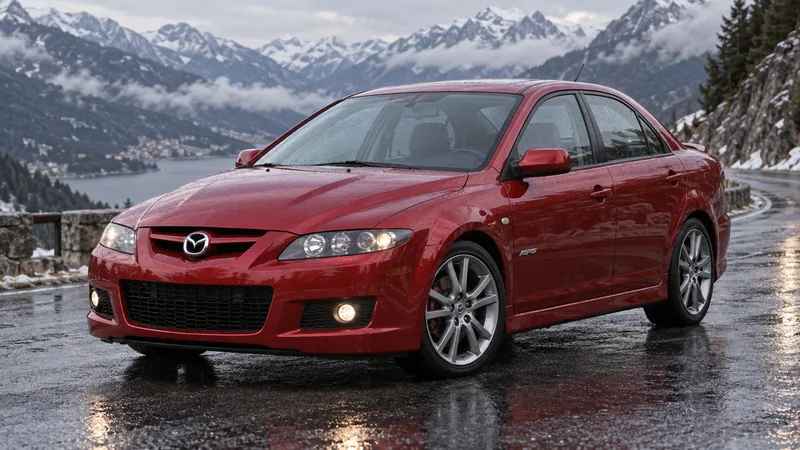 Красная Mazda6 MPS первого поколения на мокрой горной дороге