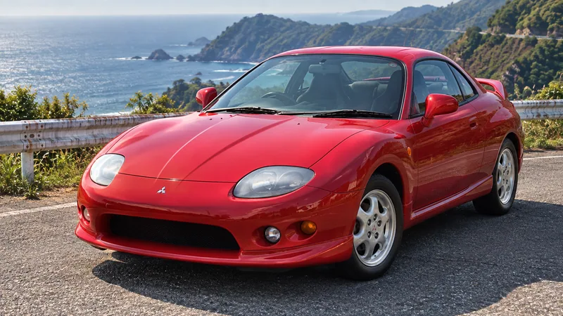 Красный Mitsubishi FTO GPX DE3A на горной дороге