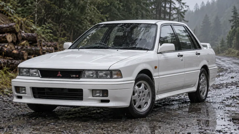 Белый Mitsubishi Galant VR-4 E39A на мокрой лесной дороге