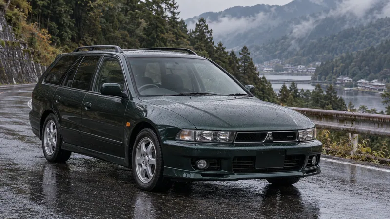 Тёмно-зелёный Mitsubishi Legnum VR-4 EC5W на мокрой горной дороге