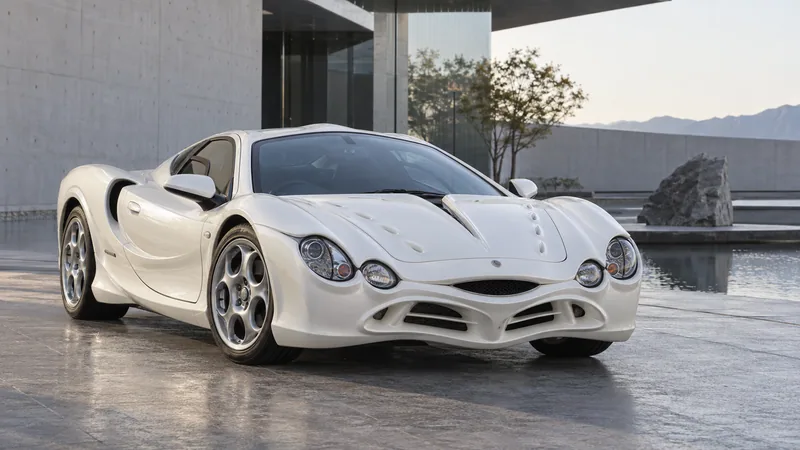 Белый Mitsuoka Orochi у японского музея дизайна