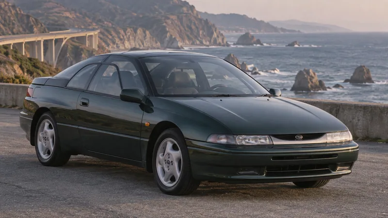 Зелёный Subaru Alcyone SVX на прибрежной дороге