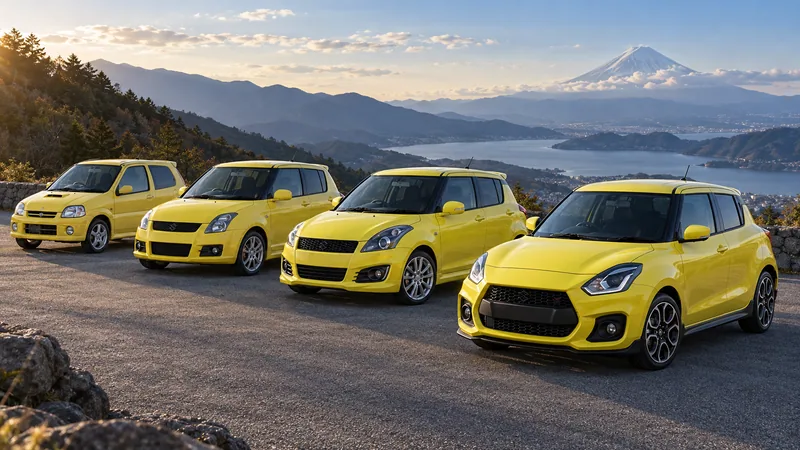 Четыре поколения Suzuki Swift Sport на горной дороге в Японии