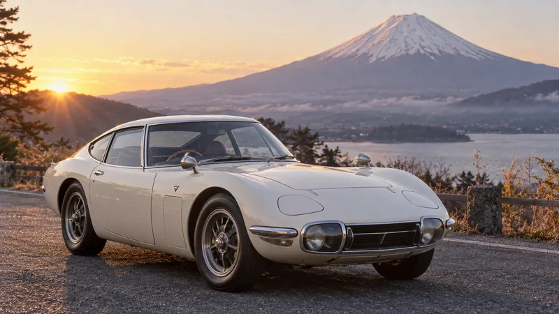 Кремовая Toyota 2000GT MF10 на фоне горы Фудзи