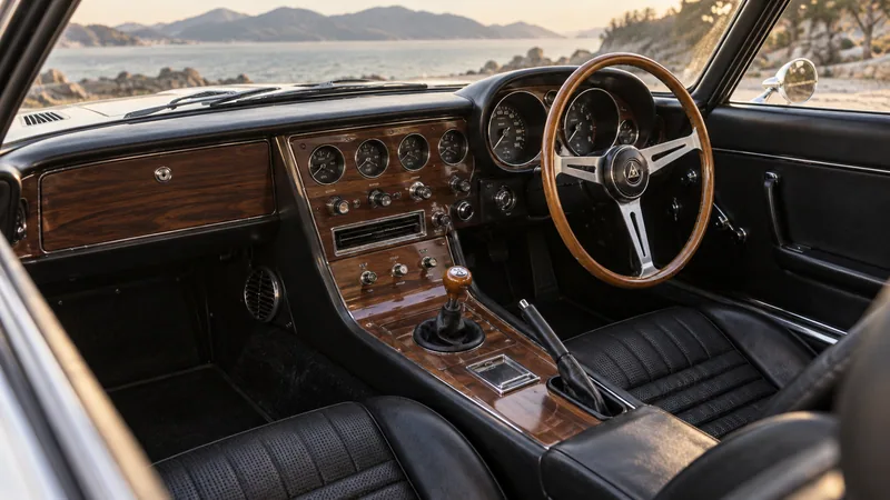 Праворульный салон Toyota 2000GT с деревянной панелью и механической коробкой