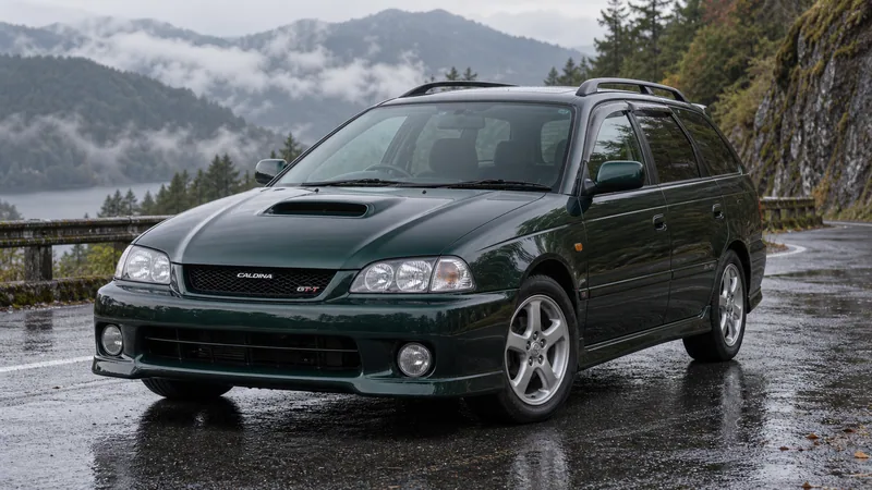 Тёмно-зелёный Toyota Caldina GT-T ST215W на мокрой горной дороге