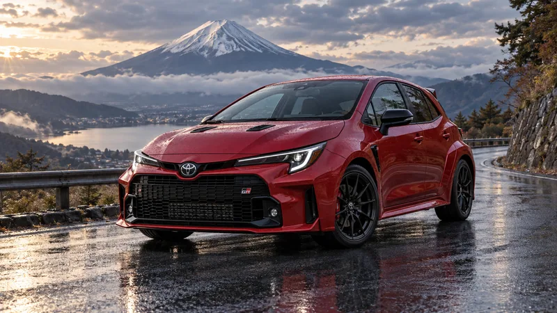 Красная Toyota GR Corolla на мокрой дороге у горы Фудзи