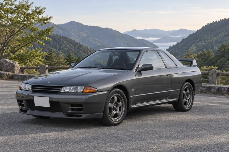 Иллюстрация серого Nissan Skyline GT-R R32, вид спереди в три четверти