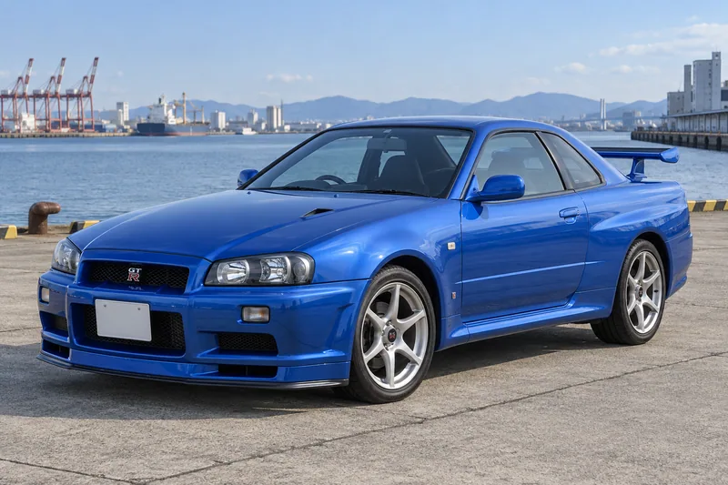Иллюстрация синего Nissan Skyline GT-R R34, вид спереди в три четверти