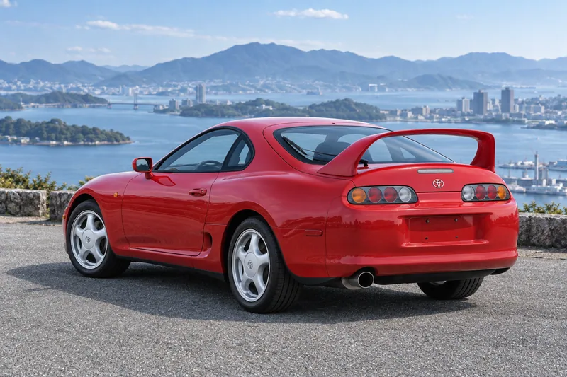 Toyota Supra A80 сзади: четыре круглых фонаря с каждой стороны и высокий спойлер.