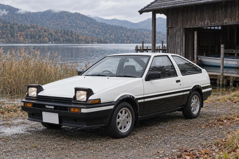 Белая Toyota Sprinter Trueno AE86 с поднятыми фарами